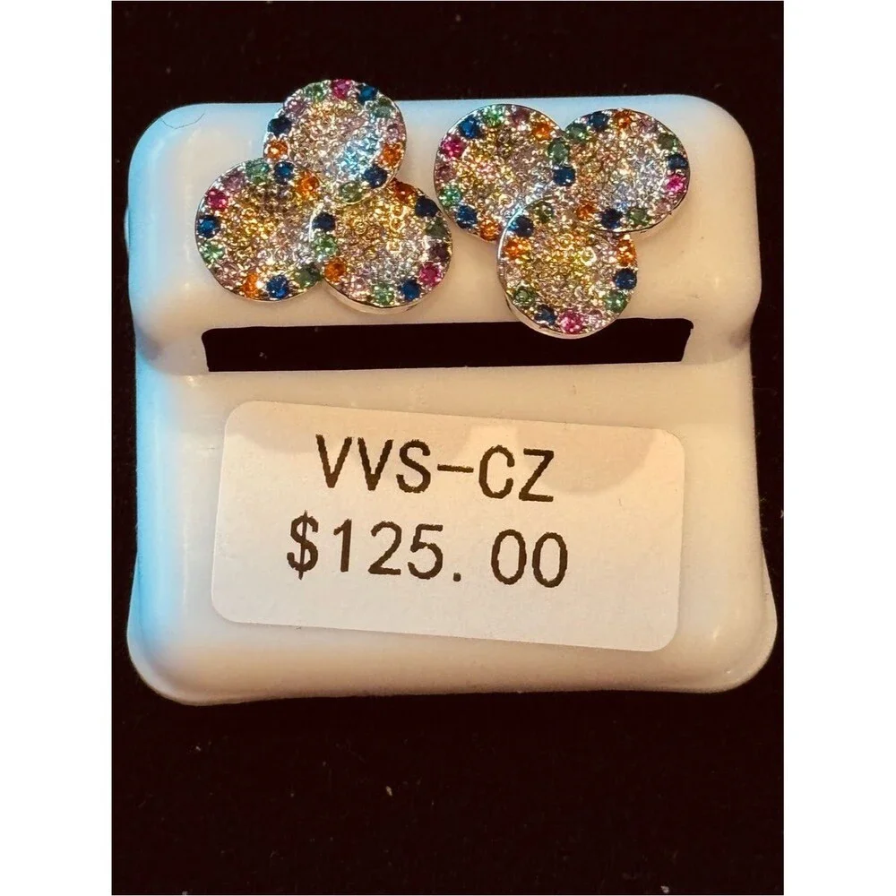 Multi Color VVS CZ Pavé Cluster Stud Earrings NWT Rainbow Stainless Steel